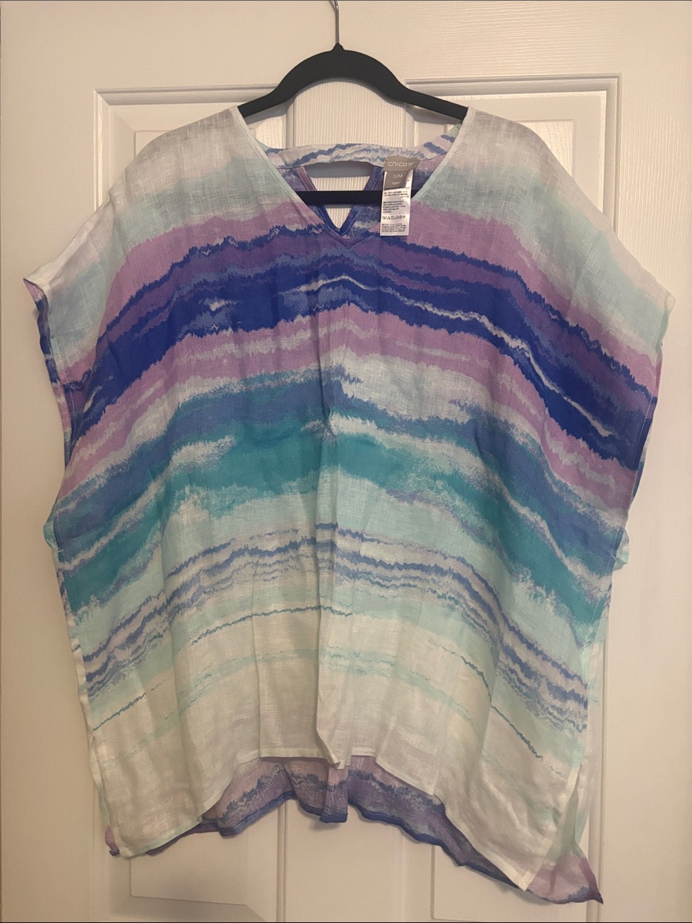 Chico's Watercolor Stripe V-Neck Tunic in Blue, Purple, Teal, White
